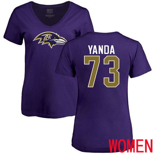 Baltimore Ravens Purple Women Marshal Yanda Name and Number Logo NFL Football #73 T Shirt->nfl t-shirts->Sports Accessory